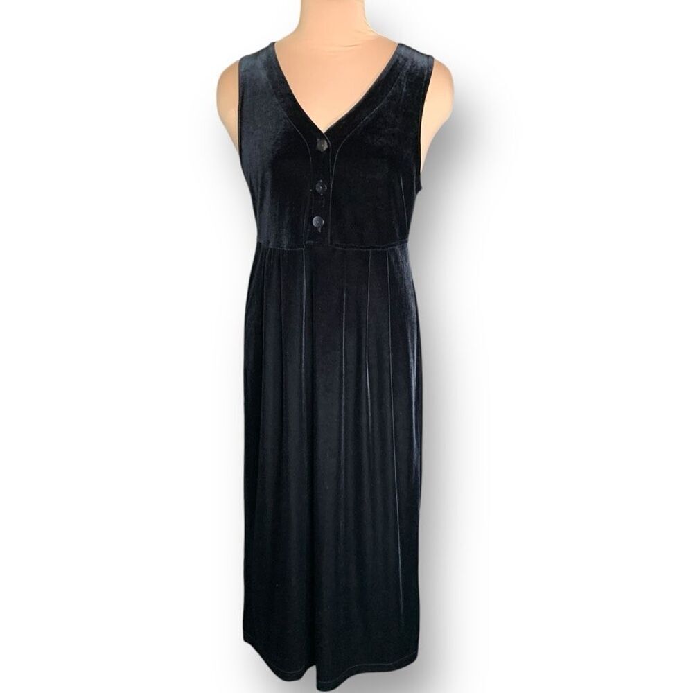 Vintage Studio Ease Black Velvet Babydoll Waist‎ Sleeveless Vneck Maxi  Dress